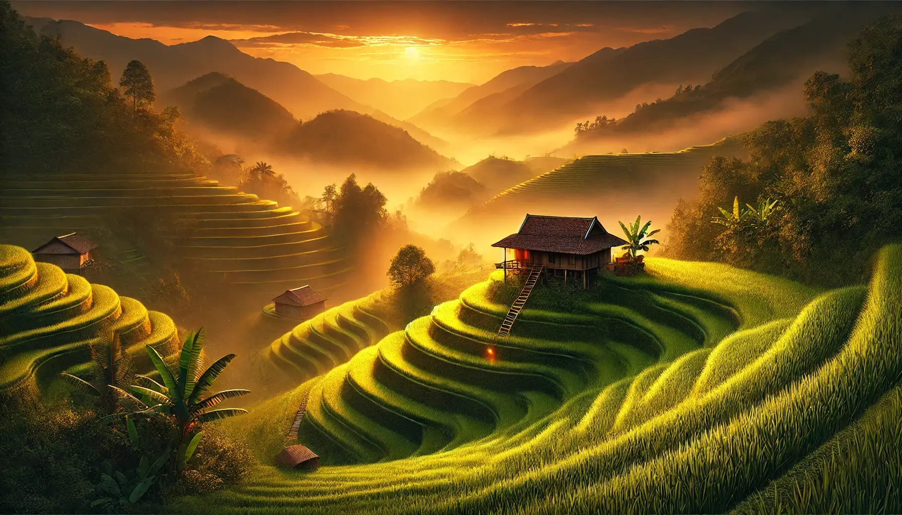 vietnam, reisfelder, sonnenuntergang, ki-generiert